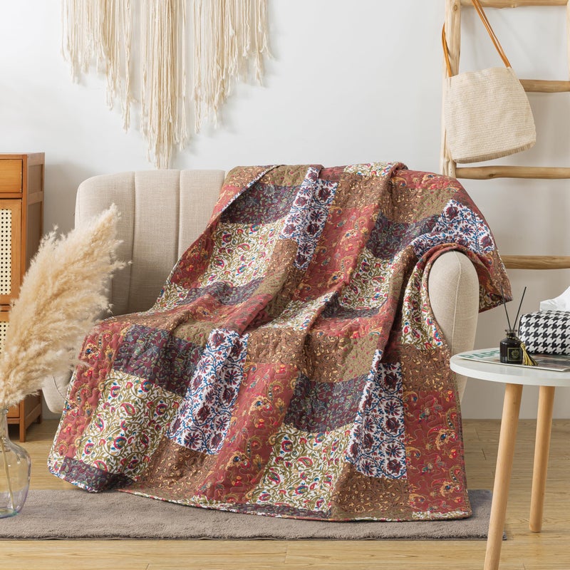 SLPR Red Riches 50" x 60" Fall Quilted Throw Blanket, Brown and Rust Floral Pattern Throw Quilt for Couch and Bed, Autumn Red Toned Patchwork Lap Quilt - Image 3